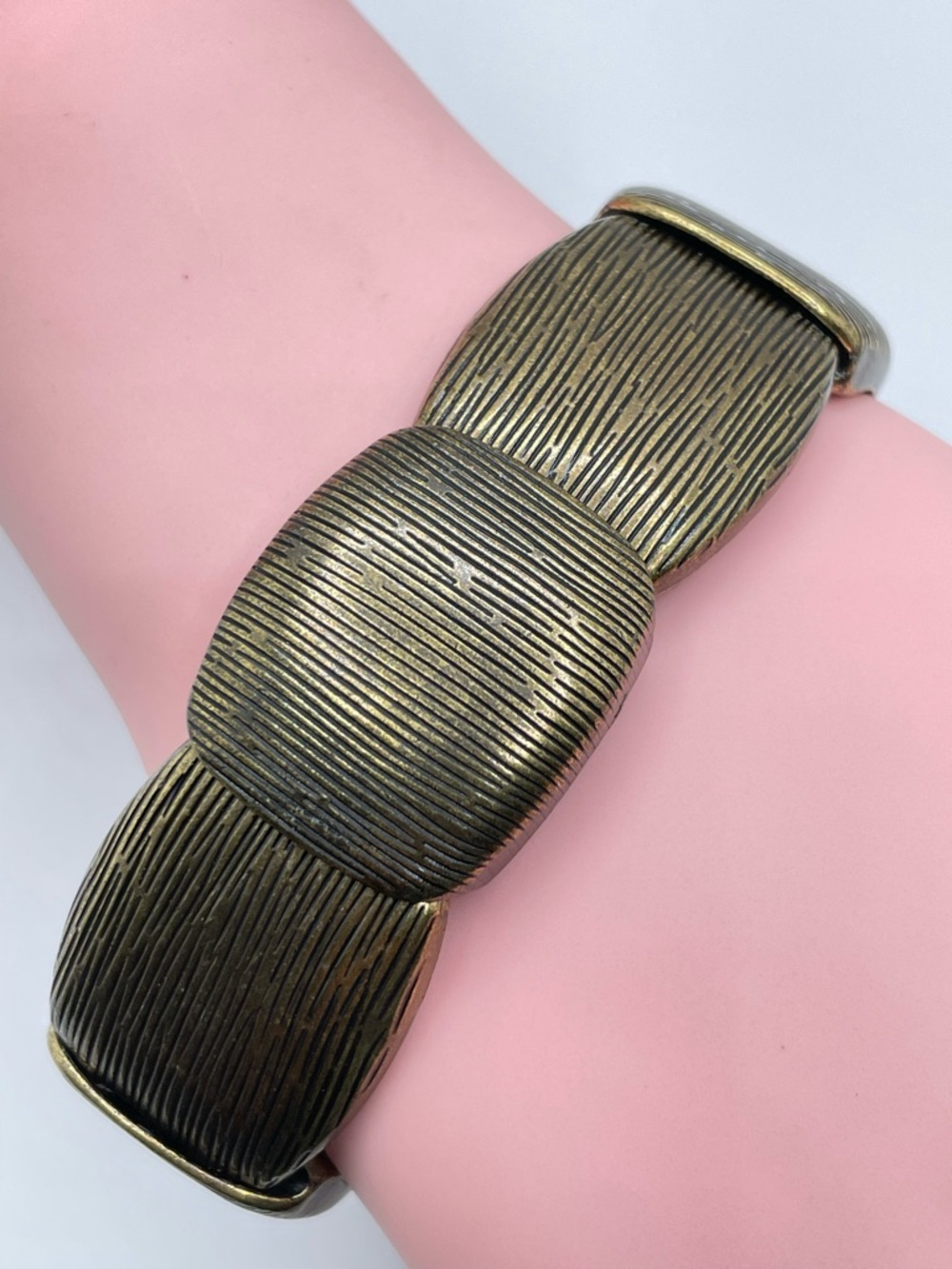 Antique Gold Tone Textured Stretch Bracelet Wide Chunky Statement